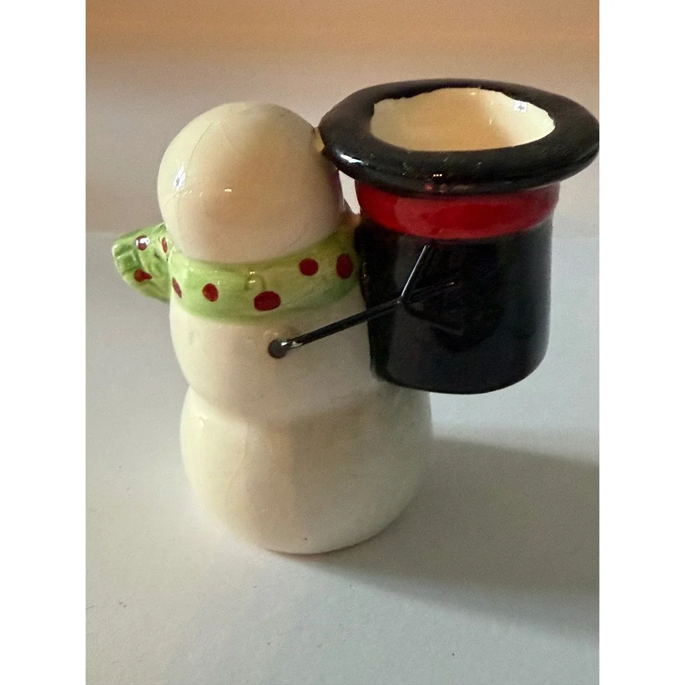 Ceramic Snowman Candle Holder Figurine Black Top‎ Hat Holiday Decor